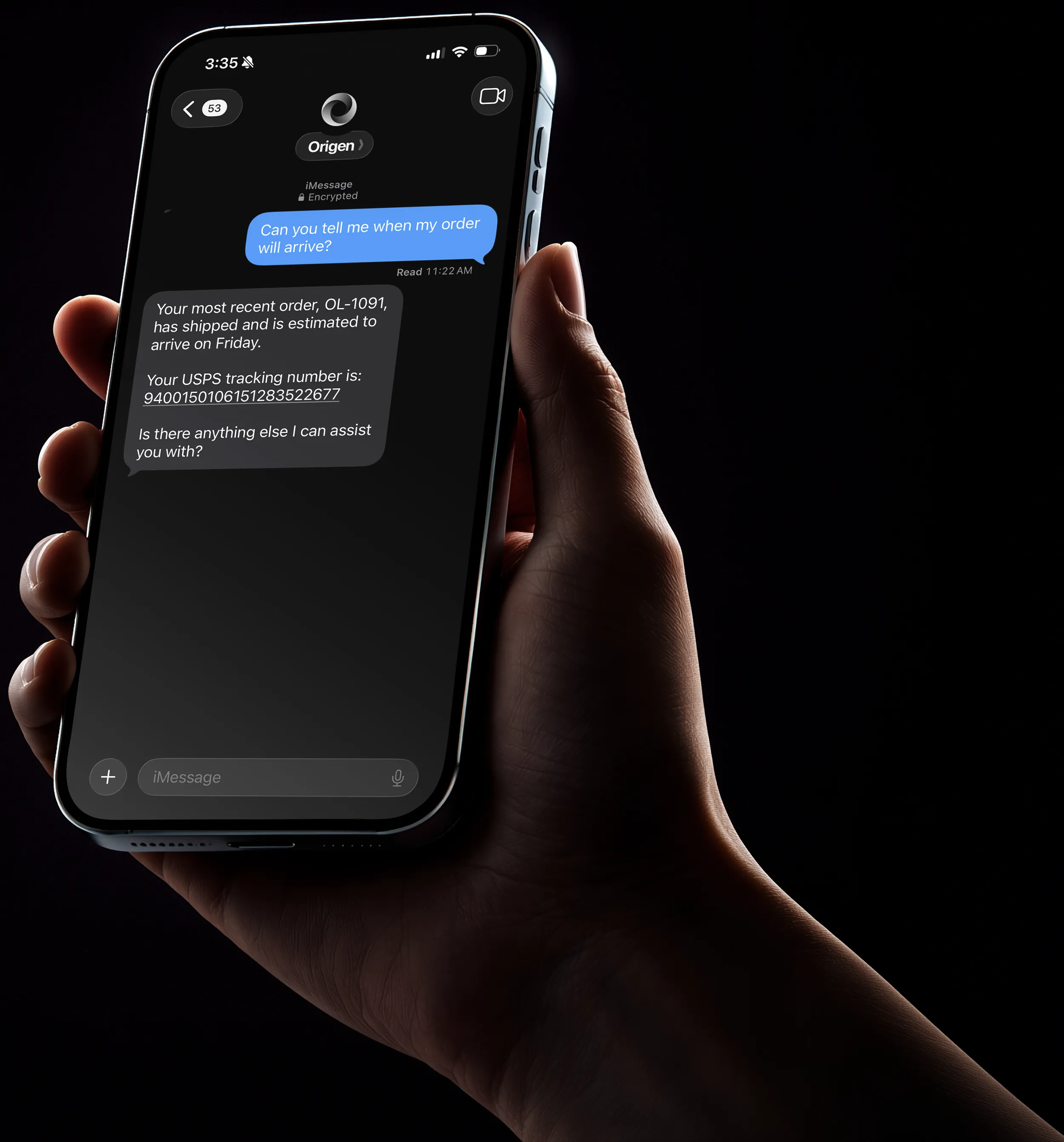 Hand holding an iPhone showing a text conversation with Origen customer support